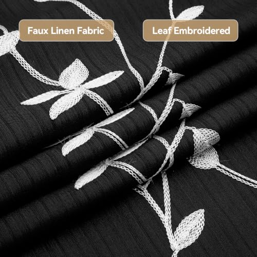 Embroidered Leaf Farmhouse Shower Curtain,Faux Linen,72Wx72L,Black | Boho Modern Shower Curtain Set, Washable & Waterproof Fabric, Floral Shower Curtains for Bathroom with Hooks - color: Black