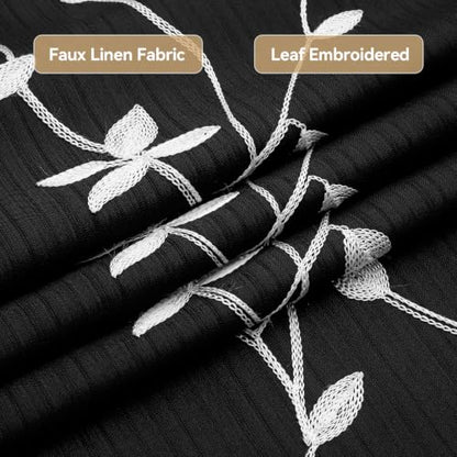 Embroidered Leaf Farmhouse Shower Curtain,Faux Linen,72Wx72L,Black | Boho Modern Shower Curtain Set, Washable & Waterproof Fabric, Floral Shower Curtains for Bathroom with Hooks - color: Black