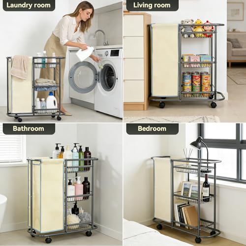Narrow Laundry Cart with Wheels, 3 Baskets and 45L Laundry Bag | Metal Rolling Cart for Small Space, Laundry Room Organization and Storage, for Bathroom Living Room Apartment Dorm
