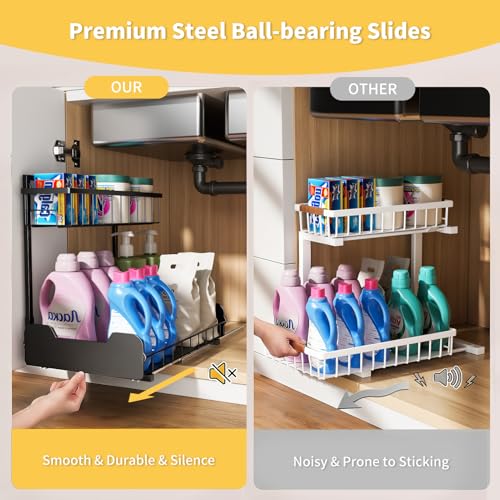 PureBox Under Sink Organizer, 2-Tier L-Shaped Pull Out Cabinet Shelf with 2 Installation Methods, Adjustable Sliding Storage Drawer for Kitchen, Bathroom, Laundry, Metal, Black, 2-Pack - size: 2 Pack