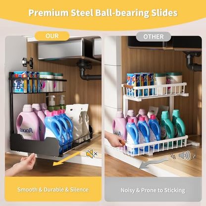 PureBox Under Sink Organizer, 2-Tier L-Shaped Pull Out Cabinet Shelf with 2 Installation Methods, Adjustable Sliding Storage Drawer for Kitchen, Bathroom, Laundry, Metal, Black, 2-Pack - size: 2 Pack
