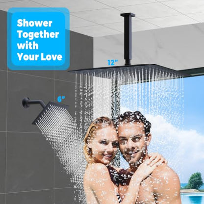 Full Body Dual Heads Rain Shower System with Jets Can Run Together | Matte Black 4-way Thermostatic Digital Shower Faucets Set, 12" + 6" Tilted Shower + 6 Body Sprays + Handheld - color: Matte Black, style: 12” + 6" + 6 Jets