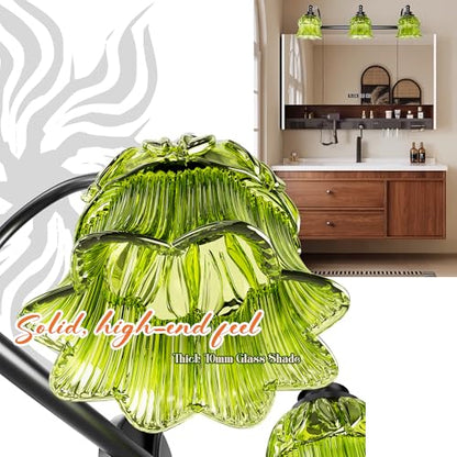 3-Light Vanity Light Over Mirror with Green Crystal Glass Shade | Valley-Lily Shaped Bathroom Light Fixture Black Antique Finish Wall Sconces Mirror Front Lighting for Hallway Living Room - size: 3-Light (Valley-Lily Shaped)