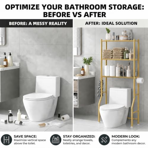 GloTika 3-Tier Over Toilet Storage, Anti-Tilt, 64" H, Gold | Anti-Tilt Safety System, 150lb Capacity, Carbon Steel, Freestanding, No Drilling, Anti-Rust Coating, Paper Holder & 4 Hooks - color: Gold, size: 3-Tier
