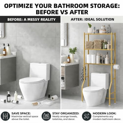 GloTika 3-Tier Over Toilet Storage, Anti-Tilt, 64" H, Gold | Anti-Tilt Safety System, 150lb Capacity, Carbon Steel, Freestanding, No Drilling, Anti-Rust Coating, Paper Holder & 4 Hooks - color: Gold, size: 3-Tier