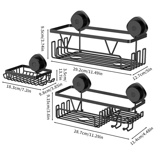ZUNTO Suction Cup Shower Caddy - 3pcs Reusable Shower Shelf Organizers with Soap Holder and Hooks - No Drilling Bathroom Shelves for Shampoo
