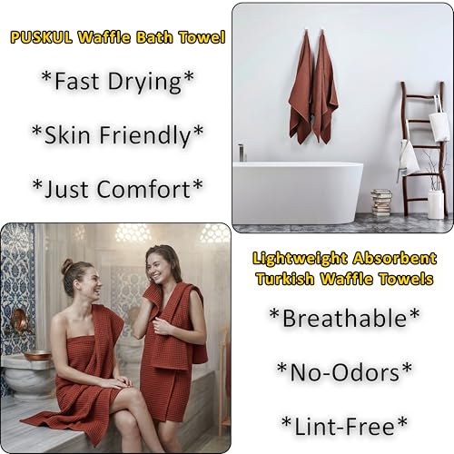 PÜSKÜL 2-Piece Natural 100% Turkish Cotton Waffle Bath Towels Extra-Large | Brick-Red, 32x63" Bath Sheet Towel, Light Soft Absorbent Quick-Dry Lint-Free Premium Honeycomb Weave Oeko-Tex Made in Turkiye - color: Red Brick, size: Bath Towels - Pack of 2