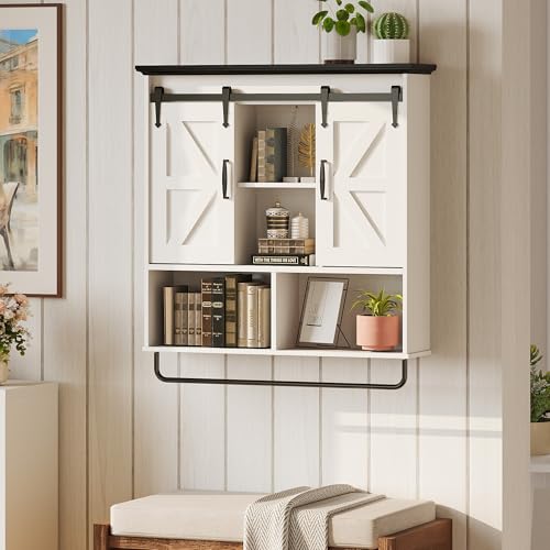 IRONCK Bathroom Wall Cabinet, Farmhouse Medicine Cabinet with Sliding Barn Door and LED Lights, Storage Cabinet Wall Mounted with Adjustable Shelves & Towel Bar for Bathroom, Kitchen, White