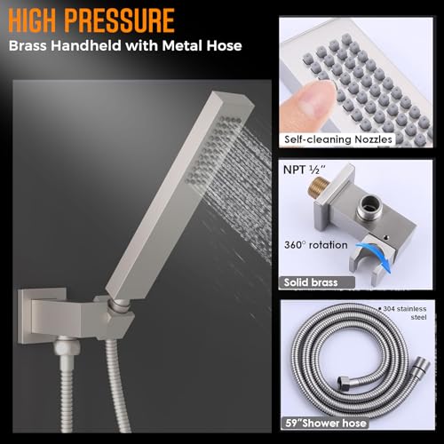 Thermostatic Digital Triple Heads Rain Shower System Can Run Together | 4-Function Full Body Shower Faucets Set with 12" + Two 6" Tilted Showerhead and Brass Handheld, Brushed Nickel - color: Brushed Nickel, style: 12” + 6" + 6"
