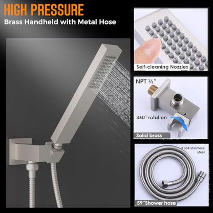 Thermostatic Digital Dual Rain Heads Tub Shower System Can Run Together | 4-Way Shower Faucts Set with Waterfall Spout, 12" Rainfall + 6" Tilted Shower and Brass Handheld, Brushed Nickel - color: Brushed Nickel, style: 12” + 6" + Spout