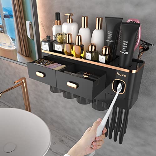 iHave Toothbrush Holders Bathrooms Wall Mount Toothpaste Dispenser & 4 Cups | Luxury White & Gold Bathroom Decor:4 Cups, 7 Slots, Toothpaste Dispenser, Large Tray & Drawer Wall Mount Toothbrush Organizer - color: Black Gold, size: 4 Cup