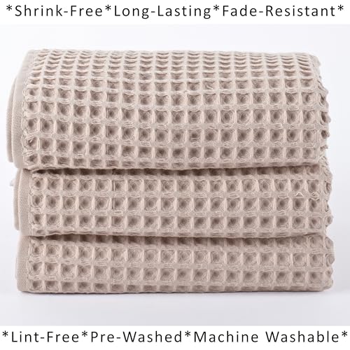 PÜSKÜL Natural 100% Turkish Cotton Waffle Kitchen and Hand Towels, 3-Piece | Beige, 32x16" Large, Premium 3D Honeycomb Weave Soft Absorbent Quick-Dry Lint-Free Dish Towel, Oeko-Tex Made in Turkey - color: Beige, size: Kitchen & Hand Towels Pack of 3