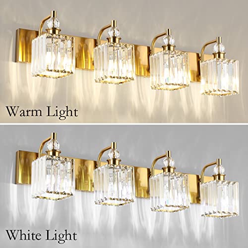 Ralbay Crystal Vanity Lights 4-Lights 31.5''Gold Bathroom Lighting Fixtures Over Mirror Modern Crystal Gold Bathroom Vanity Lights - color: Square-Brass, size: 32 inch