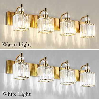 Ralbay Crystal Vanity Lights 4-Lights 31.5''Gold Bathroom Lighting Fixtures Over Mirror Modern Crystal Gold Bathroom Vanity Lights - color: Square-Brass, size: 32 inch