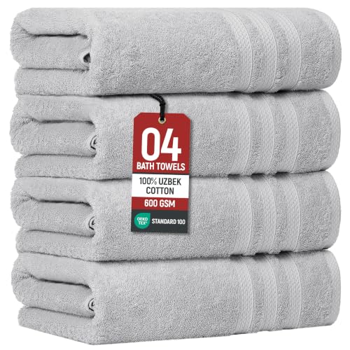 Bath Towels Set of 4 Extra Large, 30x60 in, 100% Uzbek Cotton 600 GSM Oeko-TEX, Larger & Lighter Weight, Quicker to Dry, Super Soft and Absorbent Perfect for Bathroom–Light Grey - color: Light Grey