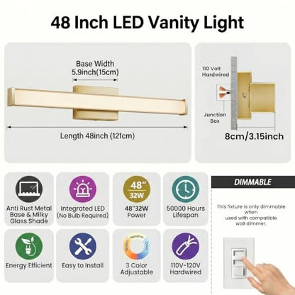 URSOLA 48" Modern LED Bathroom Light Fixtures, Golden 3CCT Dimmable Bathroom Vanity Light Over Mirror, Bathroom Vanity Bath Bar Lights with Double Layer Acrylic Shade - color: Golden, size: 48inch
