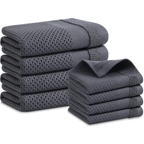 Homaxy Kitchen Towels and Dishcloths Set, Set of 8, Dark Grey | 100% Cotton Waffle Weave Kitchen Towels, Super Soft and Absorbent Dish Cloths, 12 x 12 and 13 x 28 Inches - color: Dark Grey, size: 8-Piece Set