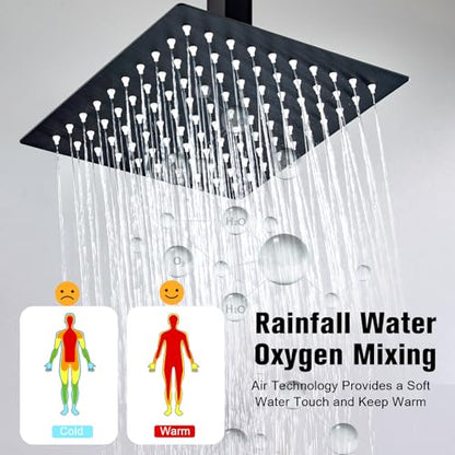 12 Inch Ceiling Mount Shower System Matte Black Rain Mixer Shower Combo Set High Pressure Rainfall Shower Head System Bathroom Luxury Shower Faucet Set Rough-in Valve and Shower Trim Included - color: Matte Black, style: 12 Inch-Update Valve