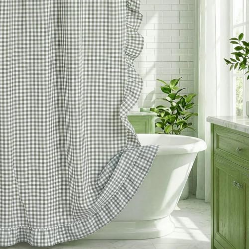 HunnmingRe Ruffled Gingham Shower Curtain Sage Green | 72'' x 72'' Vintage Farmhouse Cotton Cottage Core Rural Checkered Plaid Fall Shower Curtain with 12 Hooks for Bathroom Decor - color: Sage Green, style: Ruffled Gingham