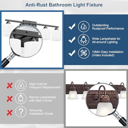 Black Bathroom Lighting Fixtures Over Mirror, 5-Light Anti-Rust Vanity Light for Bathroom, 28.34Inches Modern Wall Sconce, Standard E26 Base, Milky White Glass Shades, Bulbs Not Included - color: Black-5Light