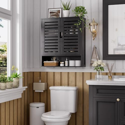 SMIBUY Bathroom Cabinet Wall Mounted, Bamboo Over-The-Toilet Storage Organizer, Space Saver Medicine Cabinet with 2 Door and Adjustable Shelves (Black) - color: Black