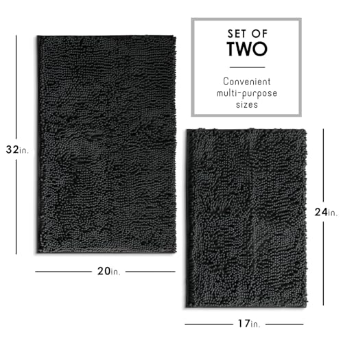Hearth & Harbor Bathroom Rugs, Chenille Bath Mat - Machine Washable Bath Mats for Bathroom Non-Slip Backing Rubber, Quick Dry Bathroom Mat - color: Black, style: 17 x 24 + 20 x 32
