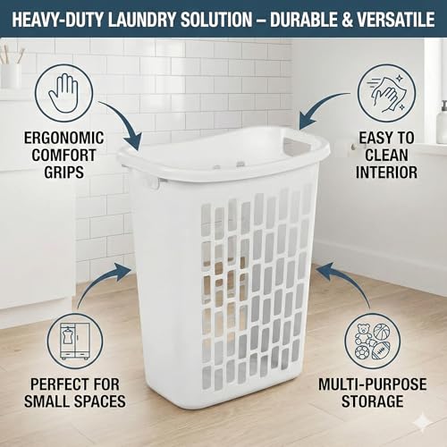 Bushel Laundry Hamper, Slim Rectangular Ventilated Plastic Clothes Basket, Heavy Duty Washing Bin With Reinforced Handles for Bathroom, Dorm, and Closet Organization, White, 1 Pack