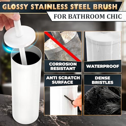 Stainless Steel Toilet Brush and Holder Set, Splash Guard (White) | White Toilet Bowl Brush and Holder Set, Removable Bowl, Dense Bristles, Long Handle, Scratch Resistant, for Modern Bathrooms - color: White
