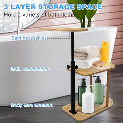 3 Layer Bath Tub Tray Table Liftable Freestanding Bamboo Bath Tray Caddy for Tub Against Wall Shelf Bathroom Organizer Shelf for Luxury Spa (Oval) - color: Oval