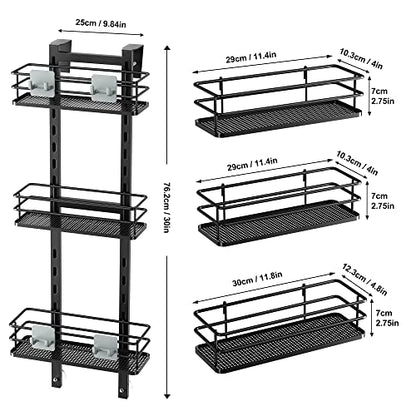 Orimade Adjustable Hanging Over the Shower Door Caddy with Hooks, Bathroom Organizer Shelf Storage Rack,No Drilling Rustproof Basket for Inside Shower, Matt Black 3 Tier