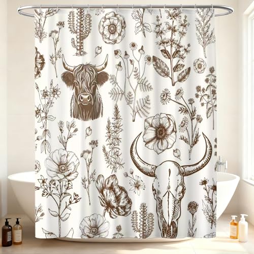 Wild West Bull Skull Shower Curtain Western Cactus Cow with Flowers Shower Curtains Brown Southwestern Bathroom Shower Curtain Set Bohemian Farmhouse Nature Bathroom Home Decor 72X72 inches - color: Brown Cream