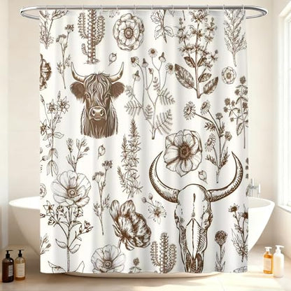 Wild West Bull Skull Shower Curtain Western Cactus Cow with Flowers Shower Curtains Brown Southwestern Bathroom Shower Curtain Set Bohemian Farmhouse Nature Bathroom Home Decor 72X72 inches - color: Brown Cream