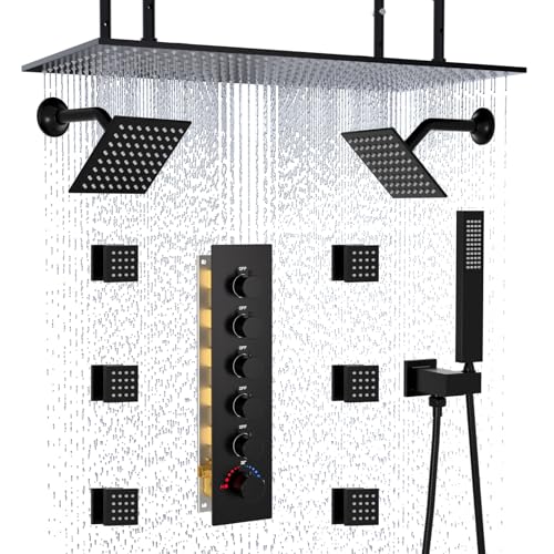 HOMEDEC Dual Side 6" Wall Mounted and 15.7x31.5" Shower Head System, with Handheld and 6 Spray Jets, Ceiling Mount Rain Shower Faucet Set, Black - color: Black, style: 5-Way + 2x 6" Top