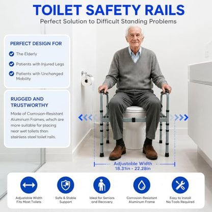 Toilet Safety Rails for Elderly, Foldable Adjustable Frame | 400 lb capacity, stand-alone design, non-slip handles, tool-free assembly, fits standard & elongated toilets