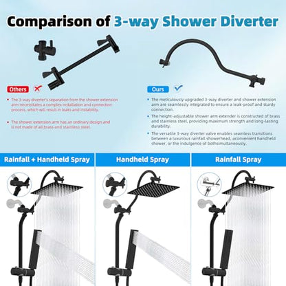Hibbent 10'' Rainfall Shower Head with 4-mode Handheld Spray, Matte Black | cUPC Certified High Pressure Showerhead Combo, 12'' Adjustable Extension Arm, Extension Bar, Easy Reach Holder, 71'' Hose - color: Matte Black, style: Square 10''