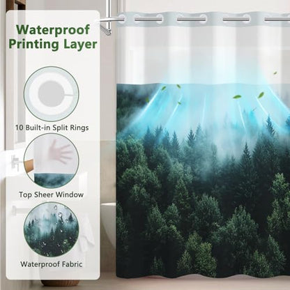 No Hook Shower Curtain with Snap in Liner, Misty Forest Easy Hang Double-layer Waterproof Fabric Shower Curtain with Sheer Top Window, 71x74 Inches Summer Bathroom Shower Curtain Sets and Weighted Hem - color: Misty Forest