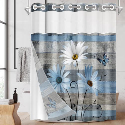 No Hook Shower Curtain with Snap in Liner 54x80 Inch Floral Blue | Farmhouse Rustic Butterfly Modern Double Layers Waterproof Fabric with See Through Top Window Open Grommet Bath Curtain - color: Blue Daisy 3, size: 54"W x 80"L (Pack of 1)