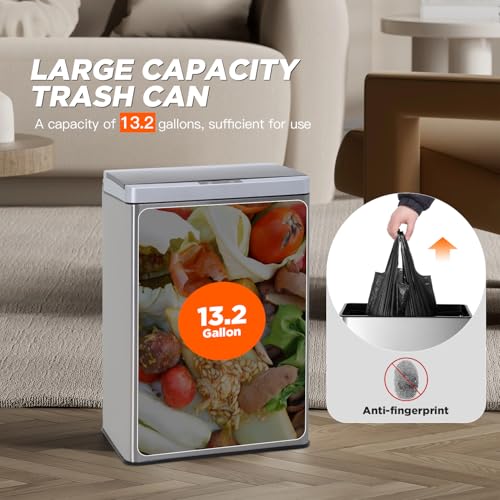 BestOffice 13 Gallon(50L) Trash Can Stainless Steel Kitchen Garbage Can with Automatic Sensing Cover Anti-Fingerprint for Home Office Bathroom Bedroom Kitchen Trash Can with Lid Waste Bin - color: Stainless Steel