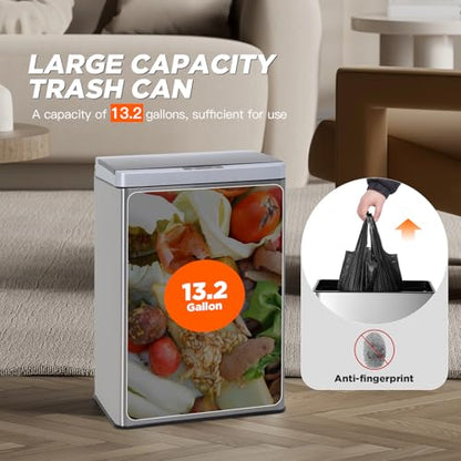 BestOffice 13 Gallon(50L) Trash Can Stainless Steel Kitchen Garbage Can with Automatic Sensing Cover Anti-Fingerprint for Home Office Bathroom Bedroom Kitchen Trash Can with Lid Waste Bin - color: Stainless Steel