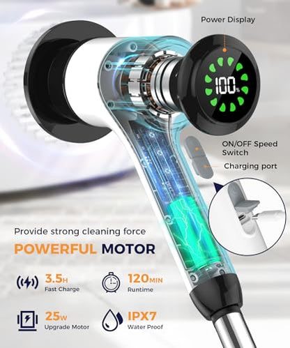 Cordless Electric Spin Scrubber with 7 Brush Heads, White-te1 | Adjustable long handle for shower, tile, grout, sink, tub, floor, and car wheel cleaning - size: 7heads