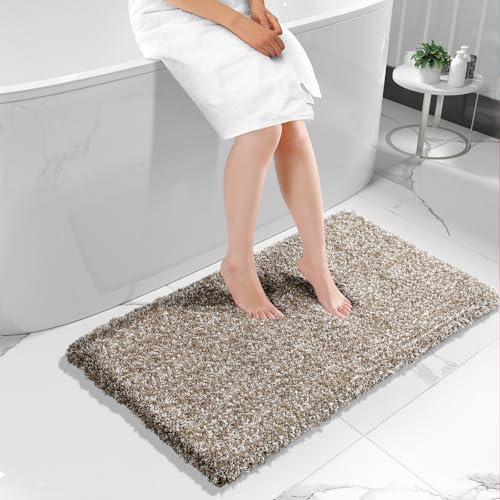 Yimobra Luxury Bathroom Rugs, Fluffy Bath Mats, Non Slip, Water Absorbent Microfiber, Machine Washable, Plush Runner Shower Rugs, Thick Matts for Bathroom Floor&Tub, 47" X 24", Light Brown and White - color: Light Brown and White, size: 47" X 24"
