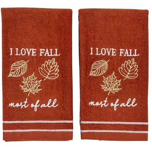 Serafina Home Fall Farmhouse Fingertip Towels for Bathroom: Embroidered Autumn Harvest Rust Dark Orange I Love Fall Most of All Design,100% Cotton, 12" x 18", 2 Pc Set - color: Love Fall