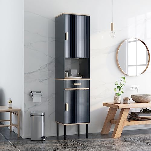 Tangkula Tall Bathroom Cabinet, Freestanding Storage Cabinet w/Doors Cabinet, Open Compartment & Drawer, Narrow Tower w/ 3-Position Adjustable Shelves, Anti-toppling Device & Metal Legs
