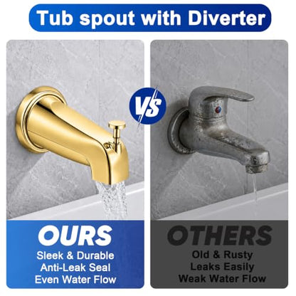 Universal Polished Gold Tub Spout with Diverter, Metal Cover and Adapter | Pull Down Bathroom Tub Faucet Replacement, for 1/2" Copper Pipe, 1/2" IPS & 3/4" IPS threaded, Bathtub Spout with Hex Wrench - color: Gold