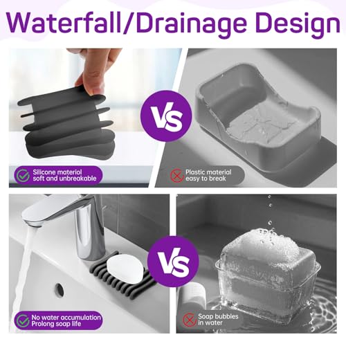 2 Pcs Self Draining Silicone Soap Holder - Waterfall Design Soap Dishes for Bathroom, Keeps Soap Bars Dry & Clean,Black - color: Black