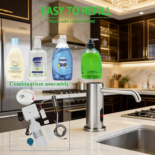 Touchless Automatic Soap Dispenser for Kitchen & Bathroom – Built-in Brushed Nickel Electric Liquid Soap Dispenser with 1000ml Large Capacity, Infrared Sensor, and Premium Brass Core (33.8oz)