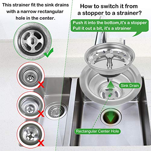 2PCS Kitchen Sink Strainer Stopper 2 in 1, Spring Clip Plunger, Replacement for Standard Drains(3-1/2 Inch), Chrome Plated Stainless Steel Body with Rubber Stopper