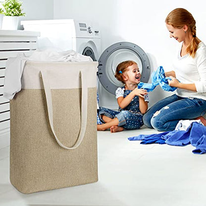 Laundry Basket with Handles Beige&Khaki-Slim Laundry Bin Collapsible Dirty Clothes Basket Narrow Laundry Bag Foldable Dirty Hamper for Camping, Dorms, Apartments - color: Beige&Khaki