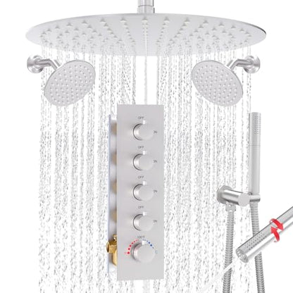 HOMEDEC 16inch Round Rain Shower Head System with Dual 6" Wall Shower Heads, 4 Way Diverter Valve with 2-Function Handheld Shower, Brushed Nickel - color: Brushed Nickel, style: 4-Way + 2x 6" Top (No Jets)