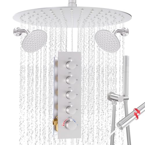 HOMEDEC 16inch Round Rain Shower Head System with Dual 6" Wall Shower Heads, 4 Way Diverter Valve with 2-Function Handheld Shower, Brushed Nickel - color: Brushed Nickel, style: 4-Way + 2x 6" Top (No Jets)
